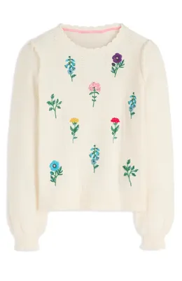 Boden Boden Valeria Floral Embroidered Sweater in Warm Ivory Melange Embroidery — Women Spring white Tops