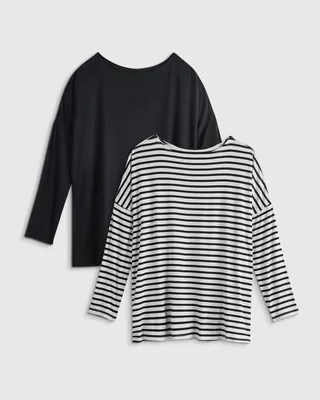 Quince Quince | Women's Bamboo Jersey Maternity Long Sleeve T-Shirt in Black/Black White Stripe — Women Winter black T-Shirts & Tees