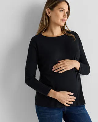 Quince Quince | Women's Bamboo Jersey Maternity Long Sleeve T-Shirt in Black/Black White Stripe — Women Winter black T-Shirts & Tees