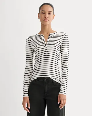 Everlane Everlane Luxe Rib Henley Sweater in Bone/Black — Winter white Sweaters & Knits