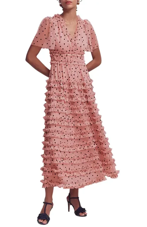 Boden Boden V-Neck Ruffle Tulle Dress in Ivory Black Spot — Women Spring pink Dresses