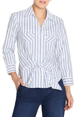 NIC+ZOE NIC+ZOE Iconic Stripe Tie Front Button-Up Shirt in Indigo Multi — Women Summer silver Tops