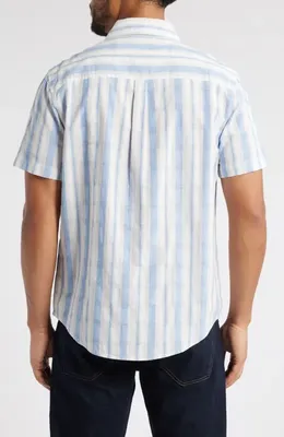 AG AG Aiden Stripe Short Sleeve Button-Up Shirt in Blue/taupe Stripe — Men Summer silver Tops