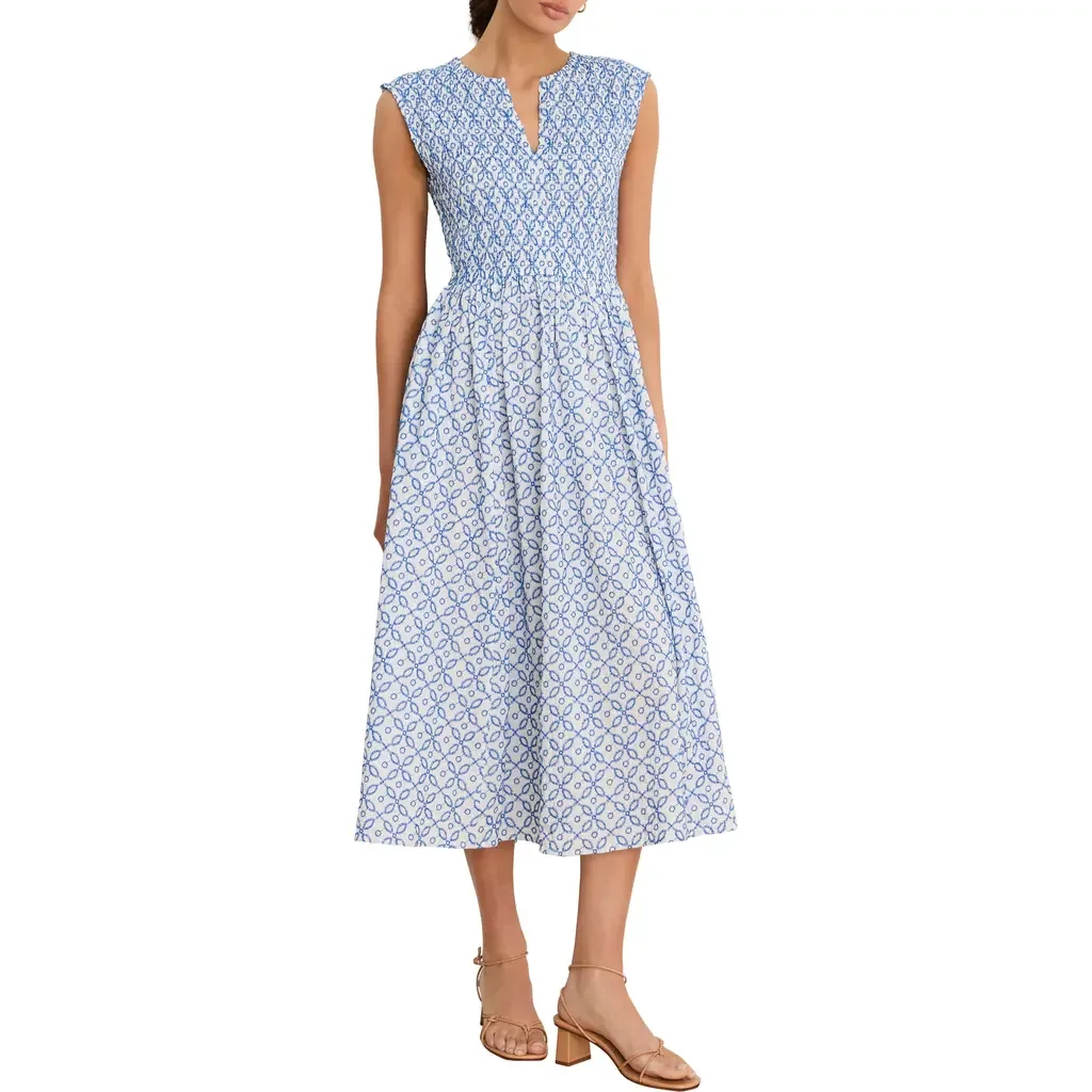 NIC+ZOE NIC+ZOE Amelia Embroidered Tile Cotton Midi Dress in Blue Multi — Women Summer silver Dresses