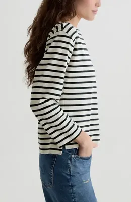 AG AG Annie Stripe Stretch Cotton T-Shirt in Powder/pacific Navy — Women Summer white Tops