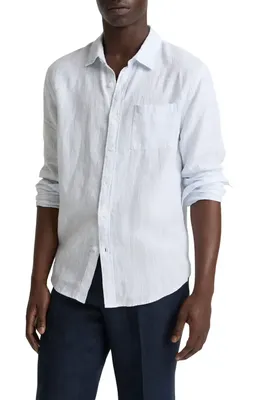 Vince Vince Tate Stripe Linen Button-Up Shirt in Optic White/Novo — Men Winter white Button-Down Shirts