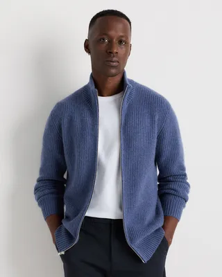 Quince Quince | Men's Mongolian Cashmere Fisherman Full Zip Sweater in Heather Storm Blue — Men Summer blue Sweaters & Knits