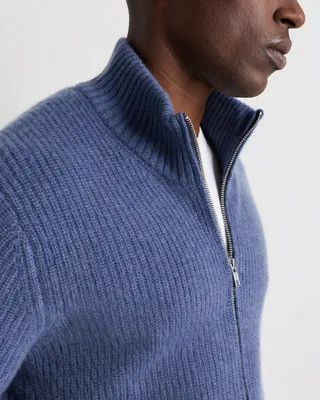 Quince Quince | Men's Mongolian Cashmere Fisherman Full Zip Sweater in Heather Storm Blue — Men Summer blue Sweaters & Knits