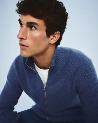 Quince Quince | Men's Mongolian Cashmere Fisherman Full Zip Sweater in Heather Storm Blue — Men Summer blue Sweaters & Knits