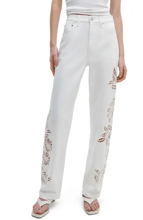 rag & bone rag & bone Shea Floral Eyelet High Rise Straight Leg Jeans in White Floral — Women Winter white Pants