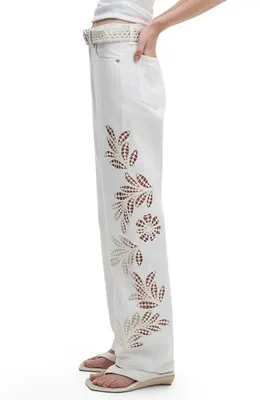 rag & bone rag & bone Shea Floral Eyelet High Rise Straight Leg Jeans in White Floral — Women Winter white Pants