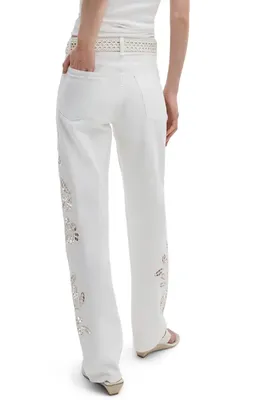 rag & bone rag & bone Shea Floral Eyelet High Rise Straight Leg Jeans in White Floral — Women Winter white Pants