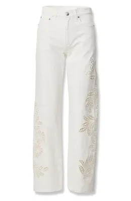 rag & bone rag & bone Shea Floral Eyelet High Rise Straight Leg Jeans in White Floral — Women Winter white Pants