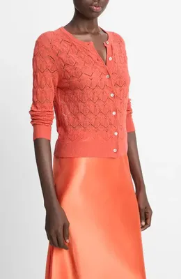 Vince Vince Open Stitch Cotton Cardigan in Terra — Women Autumn coral Sweaters & Knits