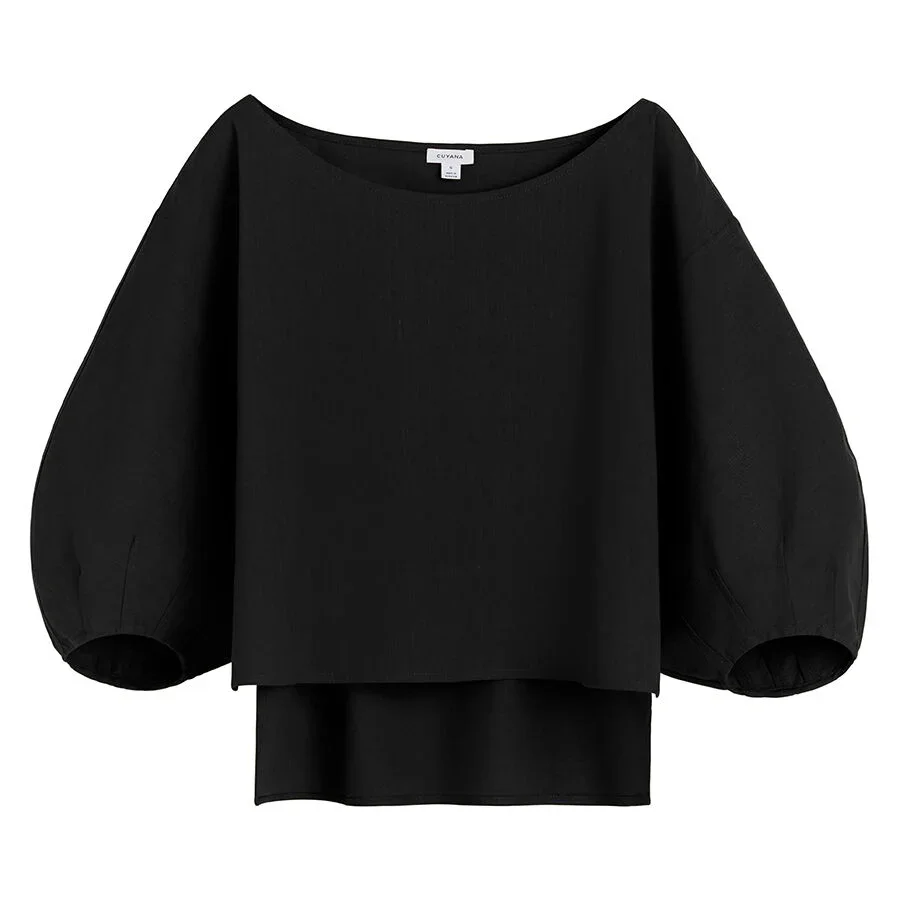 Cuyana Linen Boatneck Top - Honey / in black — Winter black Tops