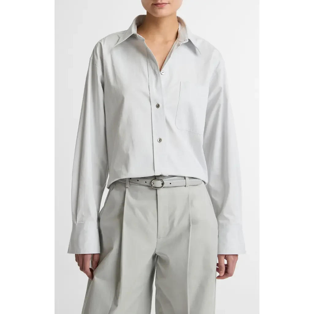 Vince Vince Crop Cotton Shirt in Light Grey — Women Winter white Tops