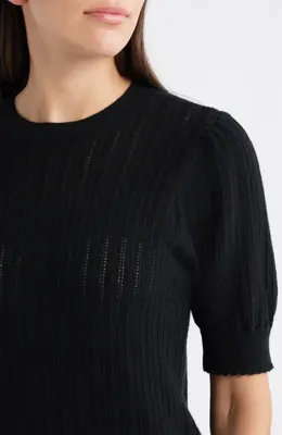 FRAME FRAME The Ladder Pointelle Short Sleeve Cashmere Sweater in Black — Women Winter black Sweaters & Knits