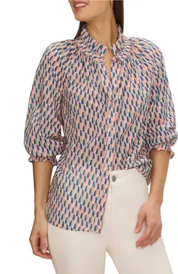 NIC+ZOE NIC+ZOE Sideways Cotton Crinkle Button-Up Shirt in Pink Multi — Women Summer grey Tops