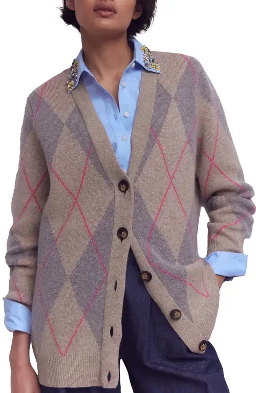 Boden Boden Quinn Argyle Plaid Boyfriend Cardigan in Neutral Argyle — Women Spring ivory Tops
