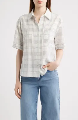 rag & bone rag & bone Connie Plaid Short Sleeve Cotton & Silk Button-Up Shirt in White Plaid — Women Winter white Blouses