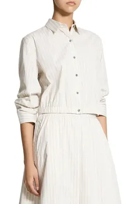 Theory Theory Stripe Fixed Sleeve Cotton Blend Button-Up Shirt in Sand Multi — Women Spring white Tops