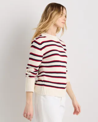 Quince Quince | Women's Roll Neck Sweater in Off White/Navy/Red Variegated Stripe — Women Winter white Sweaters & Knits