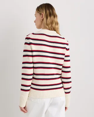Quince Quince | Women's Roll Neck Sweater in Off White/Navy/Red Variegated Stripe — Women Winter white Sweaters & Knits