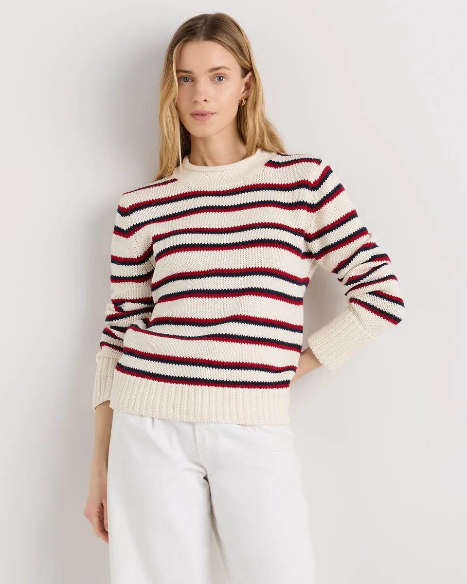 Quince Quince | Women's Roll Neck Sweater in Off White/Navy/Red Variegated Stripe — Women Winter white Sweaters & Knits