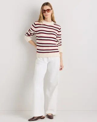 Quince Quince | Women's Roll Neck Sweater in Off White/Navy/Red Variegated Stripe — Women Winter white Sweaters & Knits