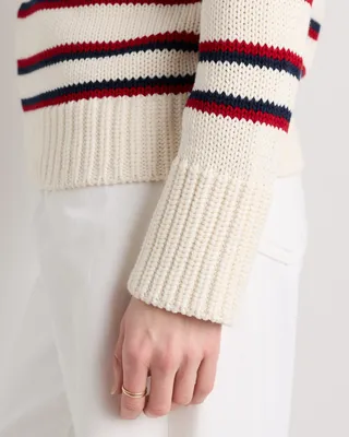 Quince Quince | Women's Roll Neck Sweater in Off White/Navy/Red Variegated Stripe — Women Winter white Sweaters & Knits