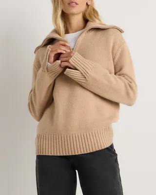 Quince Quince | Women's Luxe Baby Cashmere Quarter Zip Sweater in Creamy Cortado — Women Spring camel Sweaters & Knits