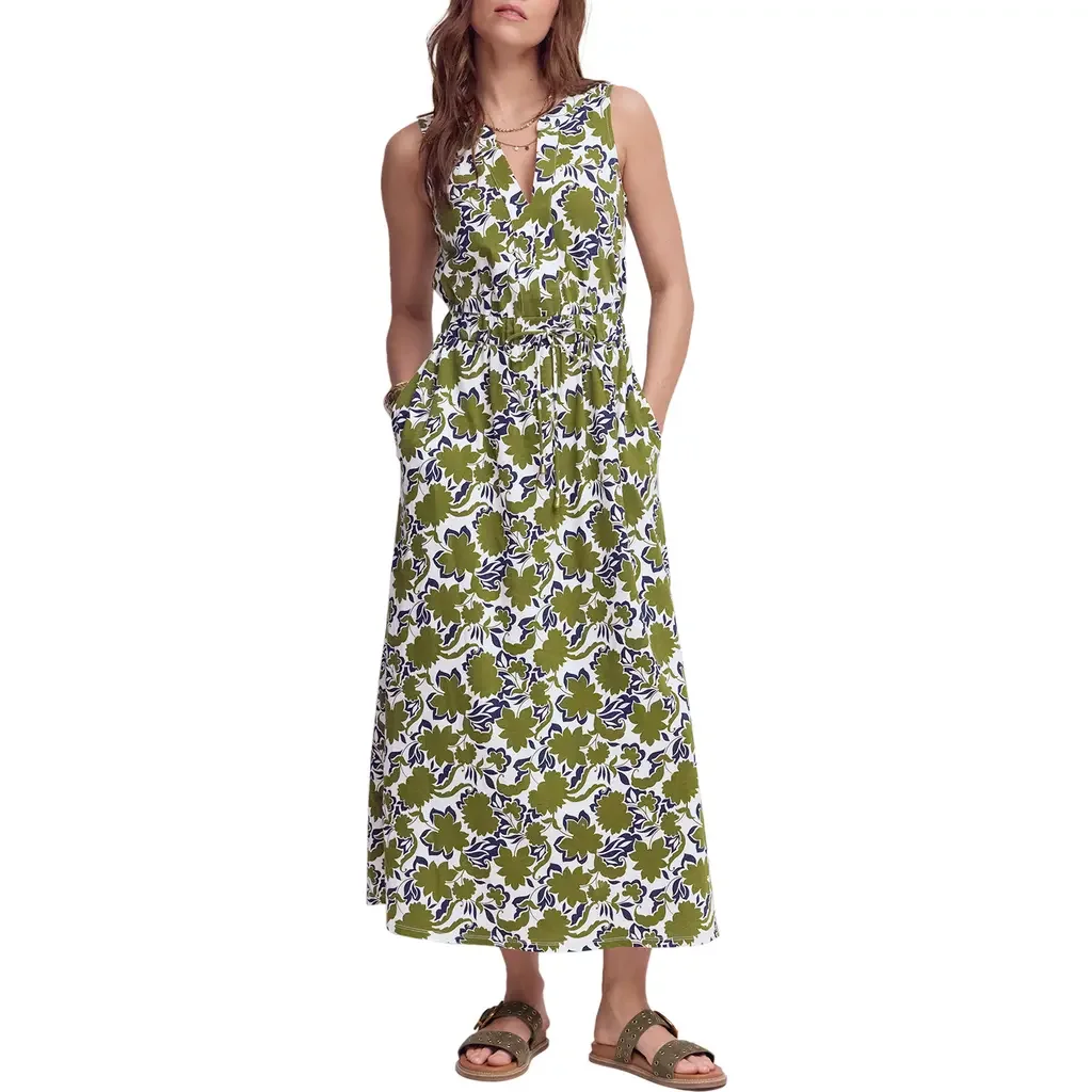 Boden Boden Delphine Print Sleeveless Jersey Midi Dress in Olive Shadow Blossom — Women Autumn green Dresses