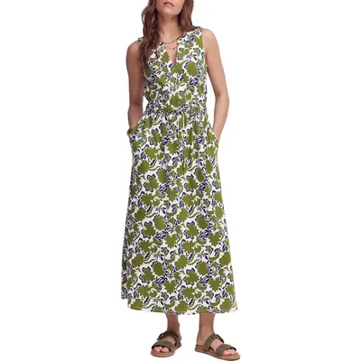 Boden Boden Delphine Print Sleeveless Jersey Midi Dress in Olive Shadow Blossom — Women Autumn green Dresses