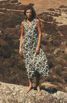 Boden Boden Delphine Print Sleeveless Jersey Midi Dress in Olive Shadow Blossom — Women Autumn green Dresses