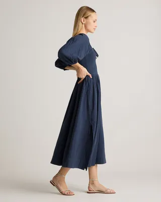Quince Quince | Women's Gauze Smocked Square Neck Midi Dress in Indigo Blue — Women Summer navy Midi Dresses