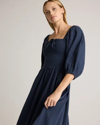 Quince Quince | Women's Gauze Smocked Square Neck Midi Dress in Indigo Blue — Women Summer navy Midi Dresses