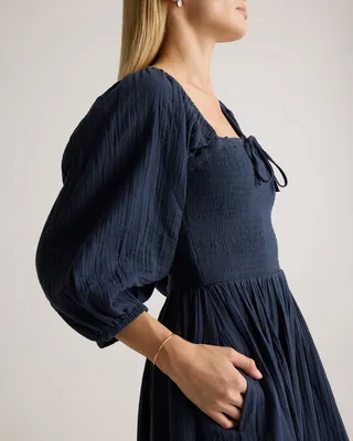 Quince Quince | Women's Gauze Smocked Square Neck Midi Dress in Indigo Blue — Women Summer navy Midi Dresses
