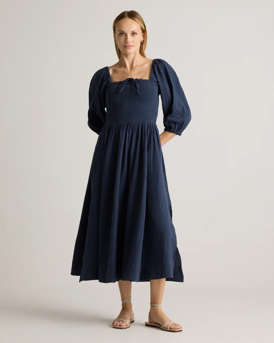 Quince Quince | Women's Gauze Smocked Square Neck Midi Dress in Indigo Blue — Women Summer navy Midi Dresses