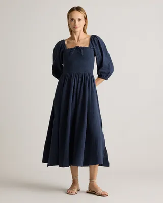 Quince Quince | Women's Gauze Smocked Square Neck Midi Dress in Indigo Blue — Women Summer navy Midi Dresses