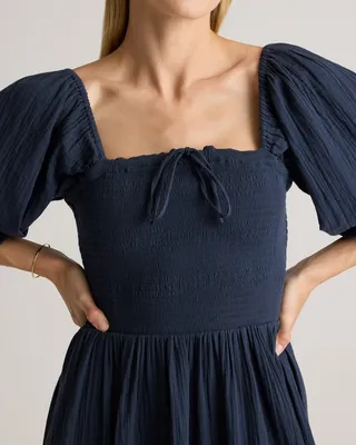 Quince Quince | Women's Gauze Smocked Square Neck Midi Dress in Indigo Blue — Women Summer navy Midi Dresses