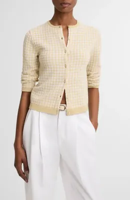 Vince Vince Gingham Check Wool & Cotton Blend Cardigan in Off White/Maiz — Women Spring ivory Tops