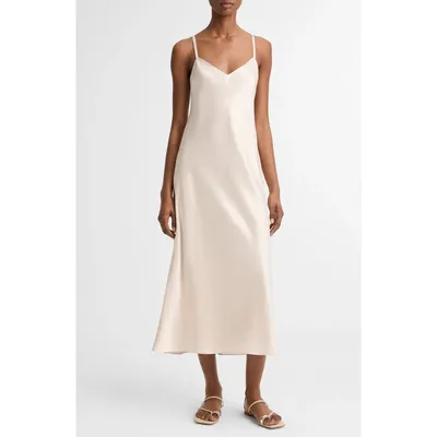 Vince Vince V-Neck Cotton & Modal Satin Slipdress in Champagne — Women Spring ivory Dresses