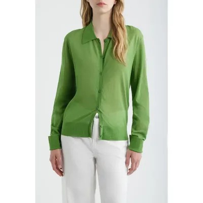 FRAME FRAME The Collared Cotton Blend Cardigan in Peridot — Women Spring khaki Tops