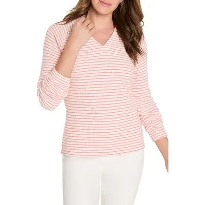 NIC+ZOE NIC+ZOE Stripe Thermal Split Neck Long Sleeve Top in Pink Multi — Women Spring pink Tops
