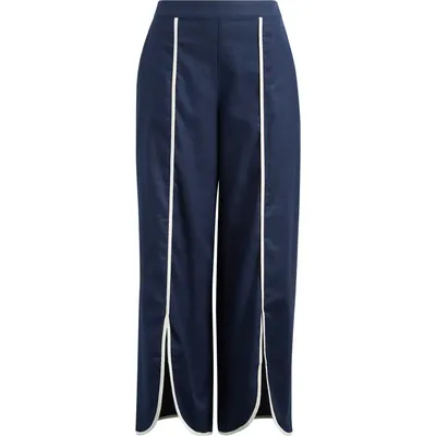 NIC+ZOE NIC+ZOE Piped High Waist Split Hem Cotton & Linen Pants in Dark Indigo — Women Winter navy Pants
