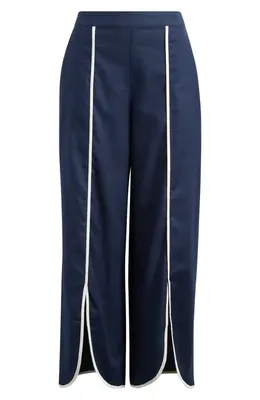 NIC+ZOE NIC+ZOE Piped High Waist Split Hem Cotton & Linen Pants in Dark Indigo — Women Winter navy Pants
