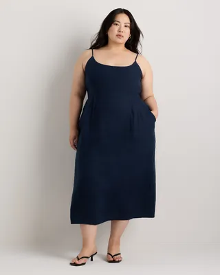 Quince Quince | Women's 100% European Linen Scoop Neck Midi Dress in Deep Navy — Women Winter navy Midi Dresses