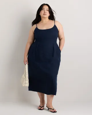 Quince Quince | Women's 100% European Linen Scoop Neck Midi Dress in Deep Navy — Women Winter navy Midi Dresses