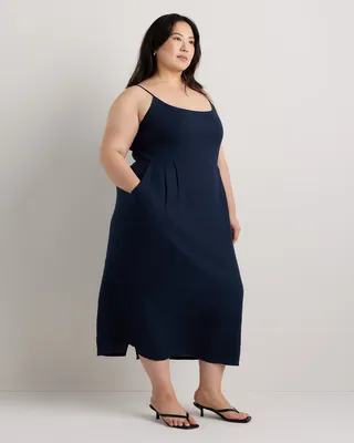 Quince Quince | Women's 100% European Linen Scoop Neck Midi Dress in Deep Navy — Women Winter navy Midi Dresses