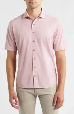 johnnie-O johnnie-O Breck Hangin' Out Knit Short Sleeve Button-Up Shirt in Snapper — Men Spring pink Tops